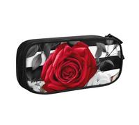 QGGHNISD Black White Stripes Red Rose Flowers Pencil Bag, Large Capacity Double Layer with Divider Stationery Bag,Zipper Cute Printed Cosmetic Bag for School Office Travelling