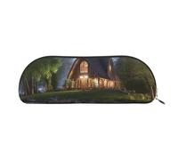 QGGHNISD Chalet by The Lake Half Round Organiser - Compact and Portable Leather Cosmetic Bag with Metal Zip Pen Pouch, Suitable for Students Or Office Use
