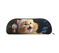 QGGHNISD Cute Cat Sing Christmas Carols Half Round Organiser - Compact and Portable Leather Cosmetic Bag with Metal Zip Pen Pouch, Suitable for Students Or Office Use