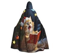 QGGHNISD Cute Cat Sing Christmas Carols Halloween Hooded Cloak For Adults, Long Polyester Cape With Big Hood For Cosplay, Party, Costume