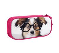 QGGHNISD Cute Dog with Glasses Pencil Bag, Large Capacity Double Layer with Divider Stationery Bag,Zipper Cute Printed Cosmetic Bag for School Office Travelling