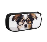 QGGHNISD Cute Dog with Glasses Pencil Bag, Large Capacity Double Layer with Divider Stationery Bag,Zipper Cute Printed Cosmetic Bag for School Office Travelling