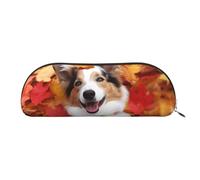 QGGHNISD Dog Fall Maple Leaves Half Round Organiser - Compact and Portable Leather Cosmetic Bag with Metal Zip Pen Pouch, Suitable for Students Or Office Use