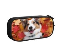 QGGHNISD Dog Fall Maple Leaves Pencil Bag, Large Capacity Double Layer with Divider Stationery Bag,Zipper Cute Printed Cosmetic Bag for School Office Travelling