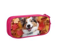 QGGHNISD Dog Fall Maple Leaves Pencil Bag, Large Capacity Double Layer with Divider Stationery Bag,Zipper Cute Printed Cosmetic Bag for School Office Travelling