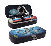 QGGHNISD Dolphin in The Coral Reef Leather Pencil Case, Large Capacity Durable Pencil Box, Student Stationery Bag, Suitable for Stationery/Cosmetics/Small Items