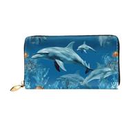 QGGHNISD Dolphins Blue Women's Long Leather Wallet with Zipper, Card Slots, Cash Pocket, Clutch Purse