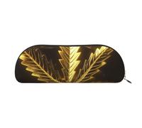 QGGHNISD Golden Cannabis Half Round Organiser - Compact and Portable Leather Cosmetic Bag with Metal Zip Pen Pouch, Suitable for Students Or Office Use