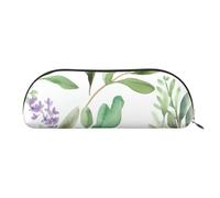QGGHNISD Green Flower Watercolor Herb Sage Leaves and Branches Half Round Organiser - Compact and Portable Leather Cosmetic Bag with Metal Zip Pen Pouch, Suitable for Students Or Office Use