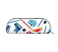 QGGHNISD Hockey Elements Creative Patterned Half Round Organiser - Compact and Portable Leather Cosmetic Bag with Metal Zip Pen Pouch, Suitable for Students Or Office Use