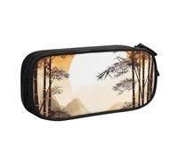 QGGHNISD Japanese Bamboo Trees Sun Pencil Bag, Large Capacity Double Layer with Divider Stationery Bag,Zipper Cute Printed Cosmetic Bag for School Office Travelling