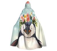 QGGHNISD Penguin Wearing Flowers Halloween Hooded Cloak For Adults, Long Polyester Cape With Big Hood For Cosplay, Party, Costume