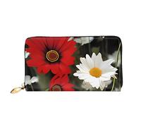 QGGHNISD Red Flower and White Daisy Women's Long Leather Wallet with Zipper, Card Slots, Cash Pocket, Clutch Purse