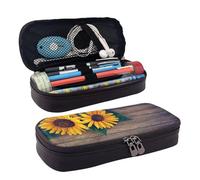 QGGHNISD Sunflowers On an Old Wooden Leather Pencil Case, Large Capacity Durable Pencil Box, Student Stationery Bag, Suitable for Stationery/Cosmetics/Small Items