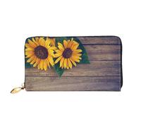 QGGHNISD Sunflowers On an Old Wooden Women's Long Leather Wallet with Zipper, Card Slots, Cash Pocket, Clutch Purse