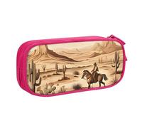 QGGHNISD West Desert Cactus with Cowboys Riding Horses Pencil Bag, Large Capacity Double Layer with Divider Stationery Bag,Zipper Cute Printed Cosmetic Bag for School Office Travelling