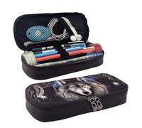 QGGHNISD Wolves and Dream Catchers Leather Pencil Case, Large Capacity Durable Pencil Box, Student Stationery Bag, Suitable for Stationery/Cosmetics/Small Items