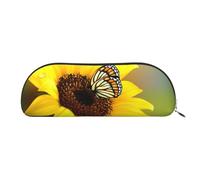 QGGHNISD Yellow Sunflowers with Red Butterfly Half Round Organiser - Compact and Portable Leather Cosmetic Bag with Metal Zip Pen Pouch, Suitable for Students Or Office Use