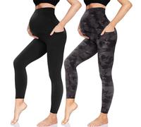 QGGQDD Maternity Leggings Over Bump with Pockets High Waisted Pregnancy Leggings for Women Gym Yoga Pants(Black+Print,M)