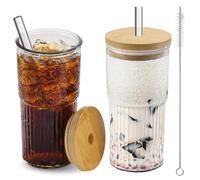 QGGTQG Ribbed Glass Cups with Lid and Straw, Pack of 2, 600 ml Smoothie Cups, Ribbed Glass Cups, Drinking Glass with Glass Straws & Cleaning Brushes for Milk, Iced Coffee, Latte, Juice