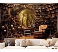 QGHOT Bookshelf Tapestry, Fairy Tale Forest Academic Tapestry Wall Hanging Largre Book House Witch Hogwarts Tapestries for Bedroom Living Room Home Decor (90x70in)