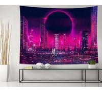QGHOT Cyberpunk Tapestry, Purple Punk City Tapestry Wall Hanging Neon Futuristic Cityscape Gamer Backdrop Night Sky Tapestries for Bedroom Aesthetic Living Room Dorm Wall Art Decor (59.1"x51.2")