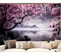 QGHOT Japanese Cherry Blossom Tapestry Wall Hanging Asian Anime Nature Mountain Wall Art Calming Lake Ocean Tapestries for Bedroom Living Room Decor 80x60in