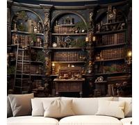 QGHOT Medieval Bookshelf Tapestry, Vintage Gothic Bookcase Bookshelf Backdrop Spooky Library Tapestries Wall Hanging Dark Academia Wall Art for Bedroom Living Room Large Office Zoom 78.7L x 104W