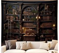 QGHOT Medieval Tapestry, Vintage Bookshelf Tapestry Wall Hanging Retro Library Tapestries, Old Books Shelf Study Room Student College Dorm Bedroom Living Room Art Wall Decor Large Backdrop 90x70 in