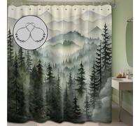 QGHOT Mountain Shower Curtain Green Forest Nature Shower Curtains for Bathroom Rustic Woodland Pine Tree Landscape Bath Decor Sets, Waterproof Polyester Fabric with Hooks, 70x96in