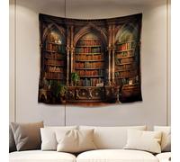 QGHOT Vintage Bookcase Tapestry Retro Library Old Books Shelf Classic Study College Dorm Bedroom Living Room Medieval Castle Wall Decor