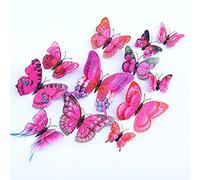 QGHSkOMk 12Pcs 3D butterfly wall decorations stickers Decor Wall Art Hanging Ornament Sculpture Garden Statues For Indoor Home Living Room Bedroom Outdoor backyard Porch (Rose red)