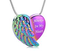 QGJNSGC Angel Wings Urn Necklaces for Ashes Love Heart Cremation Jewelry Always in My Heart Ashes Pendant Stainless Steel Angel Wing Heart Keepsake Memorial Urn Jewelry for Women Men, Stainless Steel