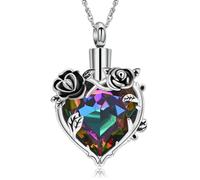QGJNSGC Cremation Jewelry Rose Flower with Heart Crystal Urn Necklace for Ashes Stainless Steel Ashes Pendant for Women Men Keepsake Memorial for Jewelry, Stainless Steel, Cubic Zirconia
