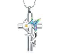 QGJNSGC Hummingbird Urn Necklace for Ashes Cross Cremation Jewelry for Women Necklace Urn Keepsake Memorial Pendant for Ashes of Loved Ones (Silver-rainbow)