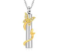 QGJNSGC Urn Necklace for Ashes Butterfly Cylinder Urn Ashes Necklace for Women/Men Cremation Butterfly Jewelry of Loved Ones Keepsake Memorial Vial Pendant Necklace (Silver-gold)