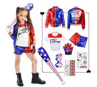 QGKFFOB Quin Girl Costume Cosplay Costume Girl Squad Cosplay Outfits Girls with Coat, T-Shirt, Shorts, Gloves, Tattoo for Carnival Halloween Christmas
