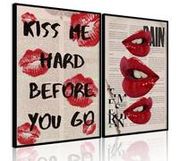QGNBGBJ 2Pcs Fashion Canvas Wall Art - Trendy Preppy Wall Decor - Funky Red Lips Posters - Retro Newspaper Picture Prints - College Girls Aesthetic Room Decor - Unframed (12x16in)