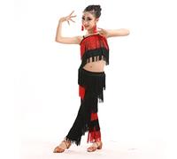 Qgtxf 2 Piece Latin Dance Outfits Camisole Tassels Fringe Ballroom Dance Costume Set Tango Salsa Practice Pants(Size:140cm,Color:Black + Red)
