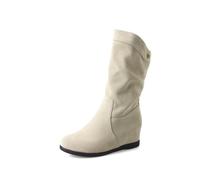 Qgtxf Round Toe Mid Calf Wedge Boots for Women Suede Leather Slouch Pull On Boots Casual Comfortable Winter Shoes(Apricot,3.5 UK)