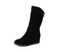 Qgtxf Round Toe Mid Calf Wedge Boots for Women Suede Leather Slouch Pull On Boots Casual Comfortable Winter Shoes(Black,5.5 UK)
