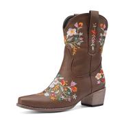 Qgtxf Western Cowboy Boots for Women Flower Embroidered Mid-Calf Cowgirl Boot Pointed Toe Low Chunky Heel Shoes(Brown,5 UK)