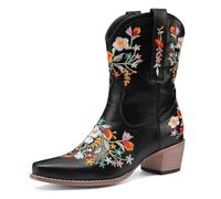 Qgtxf Western Cowboy Boots for Women Flower Embroidered Mid-Calf Cowgirl Boot Pointed Toe Low Chunky Heel Shoes(Black,6 UK)