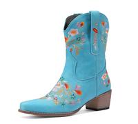 Qgtxf Western Cowboy Boots for Women Flower Embroidered Mid-Calf Cowgirl Boot Pointed Toe Low Chunky Heel Shoes(Blue,5 UK)