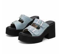Qgtxf Women Goth Platform Sandals Buckle Studded Open Square Toe Chunky Wedge Heel Slides Slip On Punk Mules Shoes(Blue,3.5 UK)