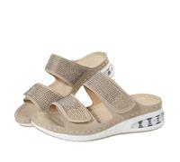 Qgtxf Womens Glitter Platform Wedge Slipper Round Open Toe Rhinestone Two Strap Sandals with Air Cushion Slip-On Beach Shoes(Beige,5 UK)