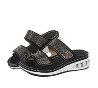 Qgtxf Womens Glitter Platform Wedge Slipper Round Open Toe Rhinestone Two Strap Sandals with Air Cushion Slip-On Beach Shoes(Black,4 UK)