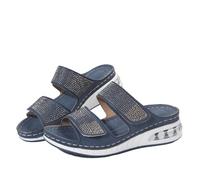 Qgtxf Womens Glitter Platform Wedge Slipper Round Open Toe Rhinestone Two Strap Sandals with Air Cushion Slip-On Beach Shoes(Blue,4 UK)