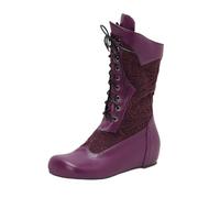 Qgtxf Women's Lace Up Mid Calf Boots Vintage Victorian Boots Wedge Heel PU Leather Casual Shoes(Purple,5 UK)