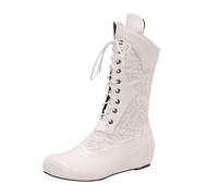 Qgtxf Women's Lace Up Mid Calf Boots Vintage Victorian Boots Wedge Heel PU Leather Casual Shoes(White,5 UK)